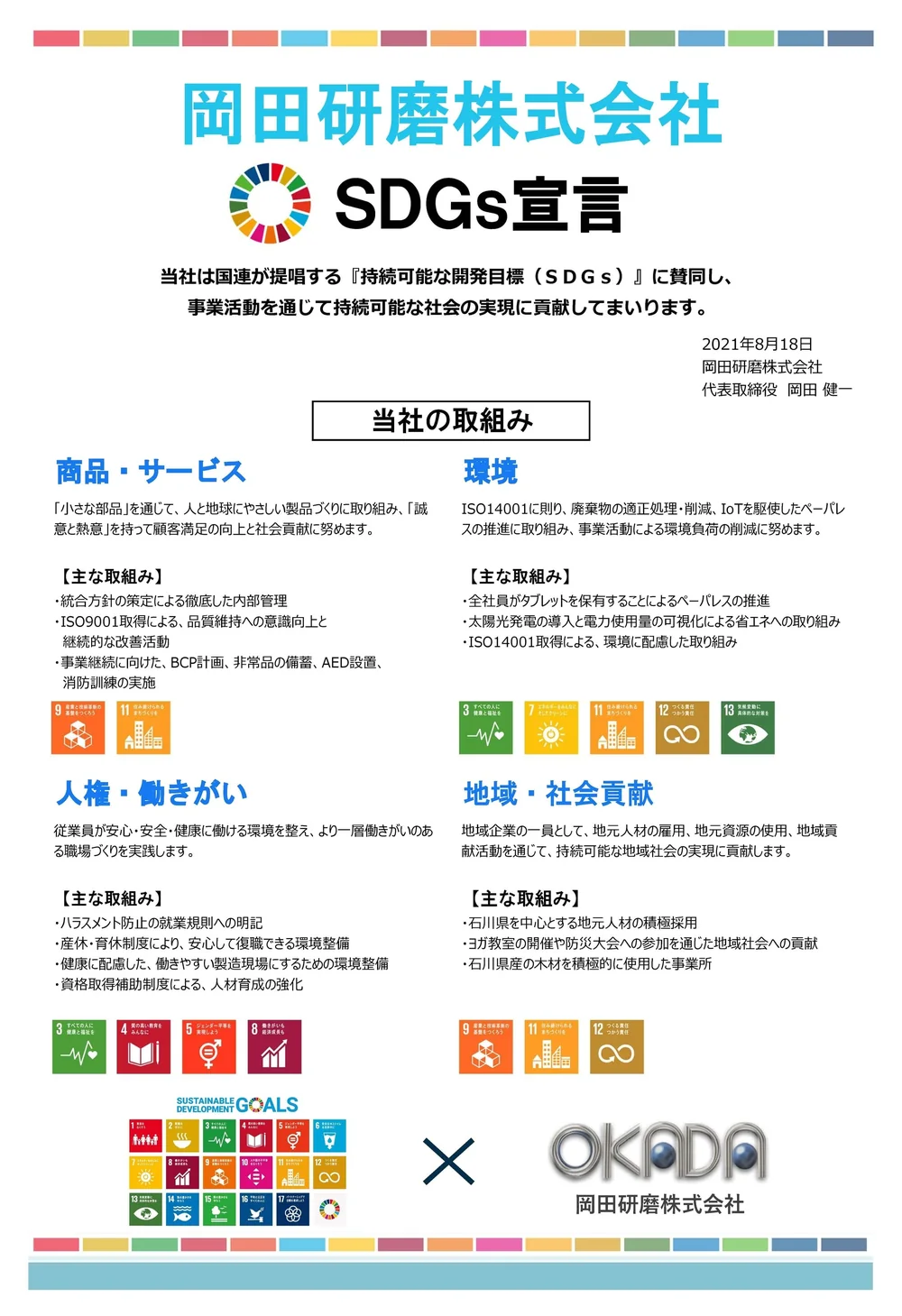 岡田研磨株式会社のSDGs宣言。商品・サービス、環境、人権・働きがい、地域・社会貢献の4分野と主な取組みを記載したもの